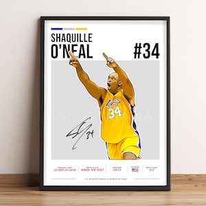 May include: A digital illustration of basketball player Shaquille O'Neal wearing a yellow and purple Los Angeles Lakers jersey with the number 34. The image includes his signature, team, birth place, position, country, and birth year.