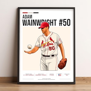 May include: A baseball player wearing a white jersey with red trim and the words "St. Louis" and "50" on the front. The player is holding a baseball in his right hand and a glove in his left hand. The background is a light beige colour. The text "ADAM WAINWRIGHT #50" is at the top of the image. The text "PRIMARY TEAM ST. LOUIS CARDINALS" is at the bottom left of the image. The text "BIRTH PLACE BRUNSWICK, GEORGIA" is at the bottom centre of the image. The text "POSITION PITCHER" is at the bottom centre of the image. The text "COUNTRY" is at the bottom centre of the image. The text "BIRTH YEAR 1981" is at the bottom right of the image.