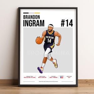 May include: Framed art print featuring a stylized illustration of basketball player Brandon Ingram in a New Orleans Pelicans uniform. The print includes Ingram's name, jersey number 14, and details about his birth and career.