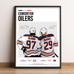 May include: A digital illustration of two Edmonton Oilers hockey players, Connor McDavid and Leon Draisaitl, wearing their white and orange jerseys with their respective numbers, 97 and 29. The players are facing away from the viewer, with McDavid on the left and Draisaitl on the right. The background is white with the team name "Edmonton Oilers" in black text at the top.