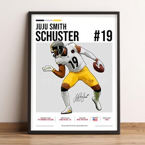 May include: Framed artwork depicting JuJu Smith-Schuster in a Pittsburgh Steelers uniform. The illustration includes the player's name, number 19, and other details. The artwork is in a black frame, suitable for a sports fan's decor.