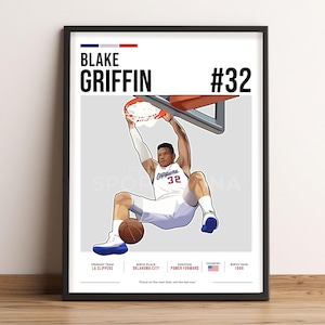 May include: A digital illustration of basketball player Blake Griffin wearing a white jersey with the number 32 and the words "Clippers" on it. He is dunking a basketball. The background is gray with the text "BLAKE GRIFFIN #32" at the top. Below the image are the words "PRIMARY TEAM LA CLIPPERS", "BIRTH PLACE OKLAHOMA CITY", "POSITION POWER FORWARD", "COUNTRY", and "BIRTH YEAR 1989". The text "Focus on the next shot, not the last one." is below the information.