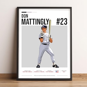 May include: A digital illustration of baseball player Don Mattingly wearing a New York Yankees uniform, holding a bat and looking to the side. The text "DON MATTINGLY #23" is at the top of the image. The text "PRIMARY TEAM NEW YORK YANKEES BIRTH PLACE EVANSVILLE, INDIANA POSITION FIRST BASEMAN COUNTRY BIRTH YEAR 1961" is at the bottom of the image. The quote "When you're good at something, make that everything" is below the text.