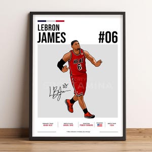 May include: A digital illustration of basketball player LeBron James wearing a red Miami Heat jersey with the number 6 on the front. The illustration is set against a gray background with the text "LEBRON JAMES #06" at the top. The text "PRIMARY TEAM: MIAMI HEAT, BIRTH PLACE: AKRON, OHIO, POSITION: POWER FORWARD, COUNTRY: USA, BIRTH YEAR: 1984" is at the bottom of the illustration.