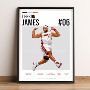 May include: A digital illustration of basketball player LeBron James wearing a white jersey with red and black accents. The jersey has the word "HEAT" and the number "6" on it. The background is gray with the text "LEBRON JAMES #06" at the top. The text "PRIMARY TEAM: MIAMI HEAT", "BIRTH PLACE: AKRON, OHIO", "POSITION: POWER FORWARD", "COUNTRY: USA", and "BIRTH YEAR: 1984" is at the bottom of the image. The quote "You have to be able to accept failure to get better" is also at the bottom of the image.