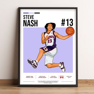 Può includere: Un'illustrazione digitale di Steve Nash, un giocatore di basket, che indossa una maglia viola e bianca con il numero 13. È in aria, tiene una palla da basket, con il testo "STEVE NASH #13" sopra di lui. Lo sfondo è di colore viola chiaro.