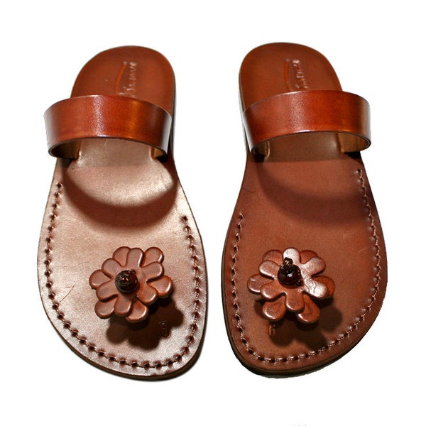 Brown Flower-Pop Leather Sandals for Men & Women - Handmade Unisex Sandals, Flip Flop Sandals, Jesus Sandals, Genuine Leather Sandals