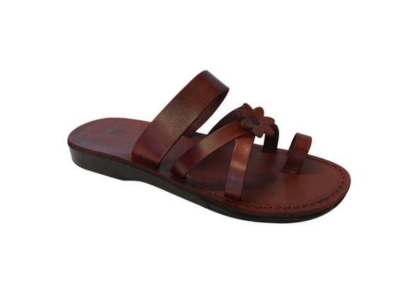 Brown Flower-cross Leather Sandals For Men & Women Handmade | Etsy