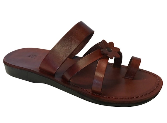 Brown Flower-cross Leather Sandals For Men & Women Handmade