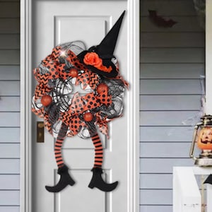 Halloween Witch Wreath – Spooky Door Hanger with Witch Hat & Striped Legs, Orange Haunted House Decor, Party Ready Front Porch Decorations