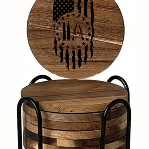 1-8pc Customized Dark Grain Wooden Coaster Set - Monogram Second Amendment Pew 2A We The People