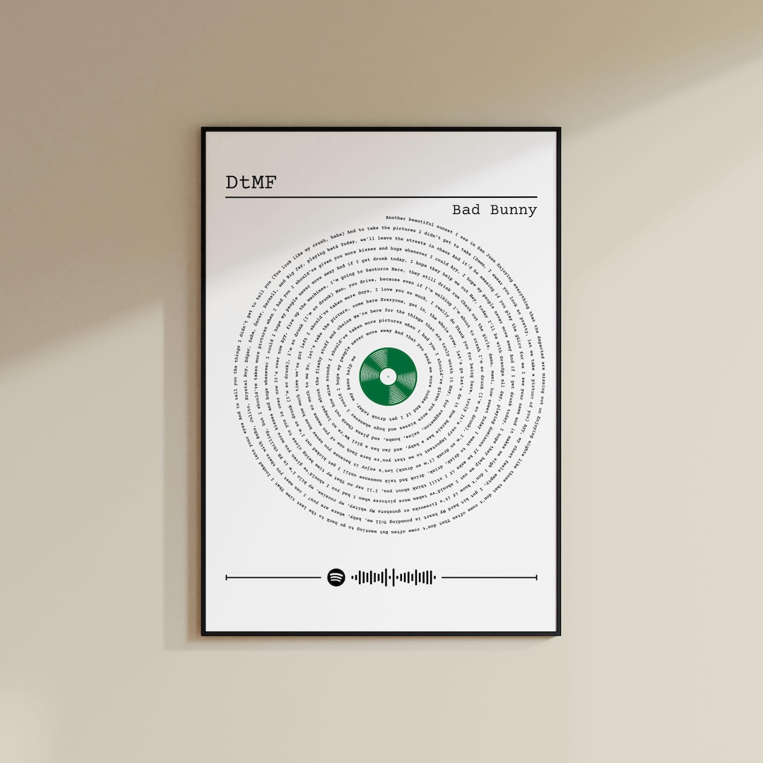Bad Bunny - DTMF Song Lyrics Poster | Spiral Lyrics Poster | Printable