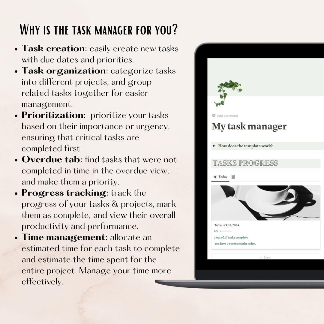 Notion Task Manager Template | Aesthetic Productivity Tracker | Tasks ...