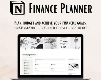 May include: A black and white image of a laptop screen displaying a website for a finance planner. The website has a black and white design with the text "Finance planner" and "MY ACCOUNTS" and "SUMMARY". The website also has a quote that says "The distance between your DREAMS and reality is called ACTION."
