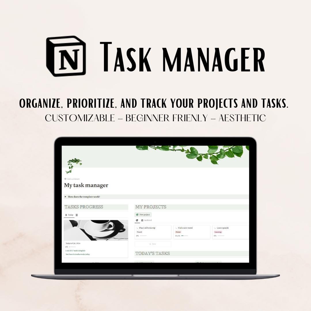 Notion Task Manager Template | Aesthetic Productivity Tracker | Tasks ...