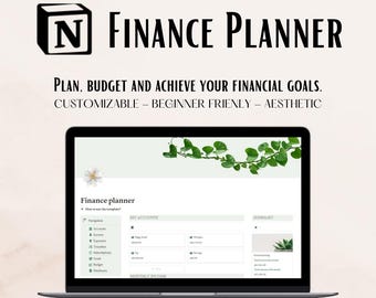 May include: A laptop computer screen displaying a finance planner template. The template is designed to help users plan, budget, and achieve their financial goals. The template is customizable and beginner-friendly. The screen is surrounded by a green vine.