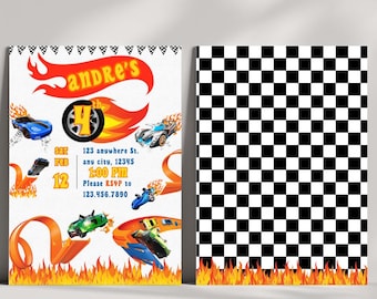 May include: A birthday invitation for a 4th birthday party with a Hot Wheels theme. The invitation features a red, orange, and yellow Hot Wheels logo with the name "Andre's" and the number "4". The invitation also features a checkered flag background and several Hot Wheels cars.