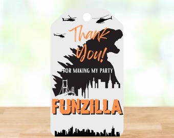 Godzilla Birthday Favor Tags | Printable Party Favor Tags | Monster Party Tags | Matching Invitation Available