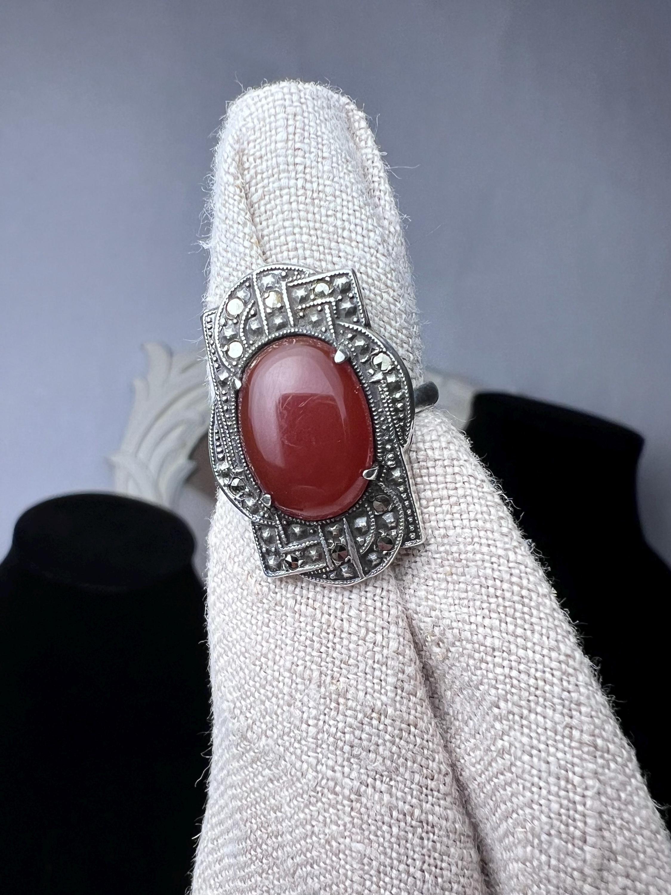 Antique Art Deco Sterling Silver Carnelian and Marcasite Ring