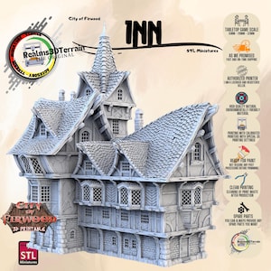 Inn - City of Firwood - Wargaming Tabletop - Fantasy Scenery - Mordheim - dnd -Pathfinder Medieval Building - STL Miniatures | 28mm