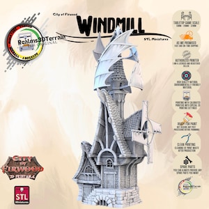 Windmill - City of Firwood - Wargaming Tabletop - Fantasy Scenery - Mordheim - dnd -Pathfinder Medieval Building - STL Miniatures