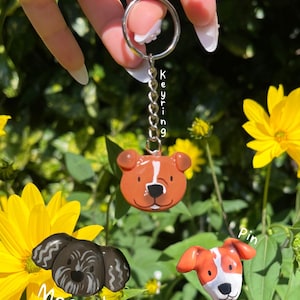 May include: A brown dog head keyring with a white stripe, a black and grey dog head magnet, and a brown and white dog head pin. The keyring features a silver metal ring and chain. The items are displayed against a background of yellow flowers.