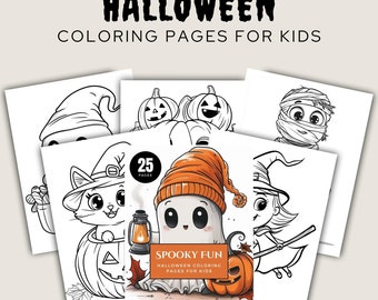 May include: A set of 25 Halloween coloring pages for kids featuring spooky characters like a ghost, witch, cat, and pumpkins. The pages are black and white and ready to be colored.