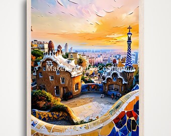 Barcelona-olieverfschilderij | Muurkunst Spanje | Verticaal mat decor | Muurkunstafdruk | Spanje reisschilderij | Stadsgezicht van Barcelona