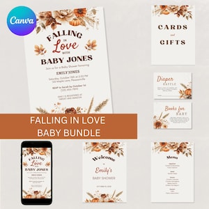 Falling in Love Baby Shower Bundle | Autumn Baby Shower Invite | Boho Fall Baby Signs | Printable Gender Neutral Editable Invitation Set