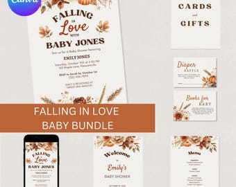 Falling in Love Baby Shower Bundle | Autumn Baby Shower Invite | Boho Fall Baby Signs | Printable Gender Neutral Editable Invitation Set
