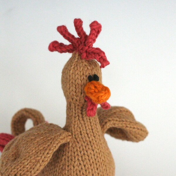 Toffee Rooster - Hand Knit Organic Cotton Eco Friendly Stuffed Animal - Toy Chicken, 11" tall