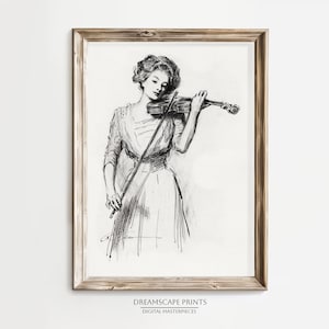 Violin Pencil Sketch Ink Drawing Classical Music Instrument Vintage Wall Art Digital Download Printable Poster Black And White Illustration