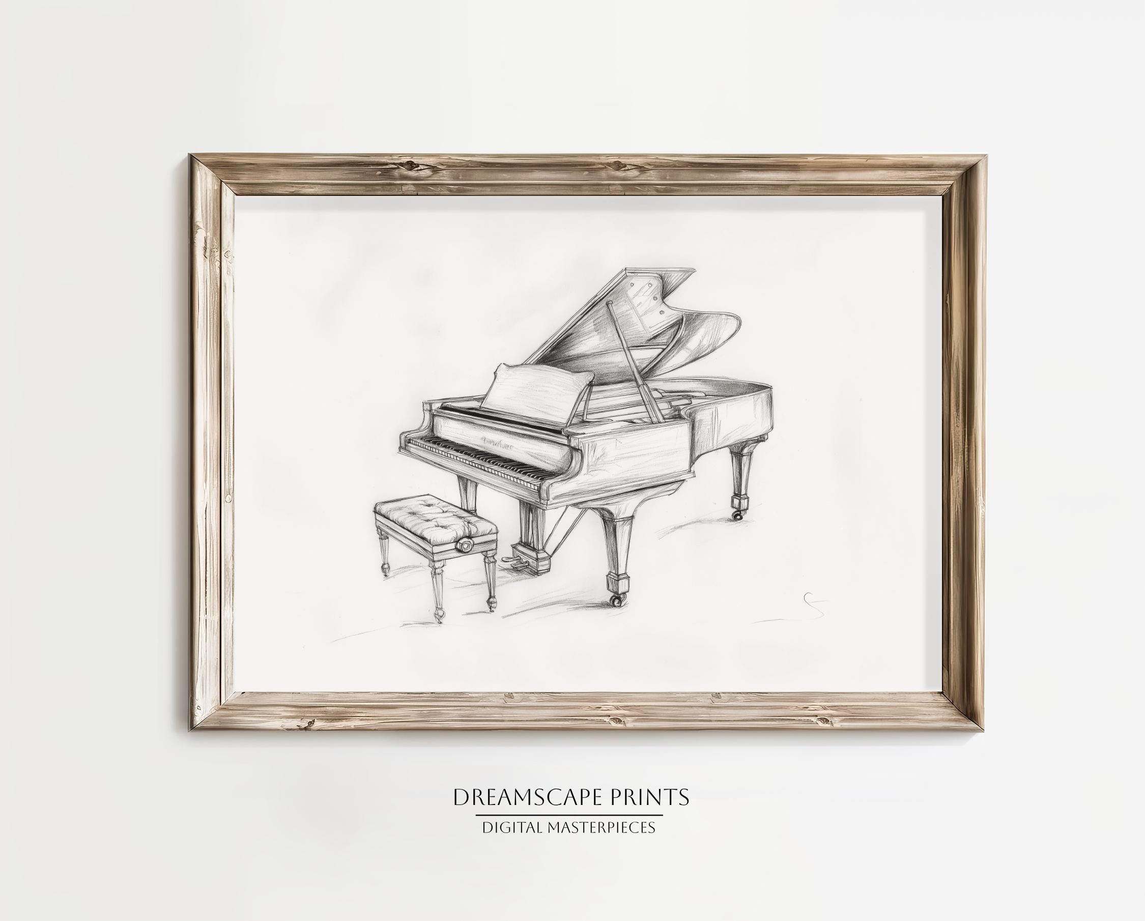 ピアノ鉛筆スケッチ白黒描画ミニマリスト壁アートデジタルダウンロード