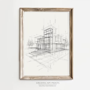 Pode incluir: Um esboço de planta arquitetônica emoldurado de uma casa moderna. O desenho em preto e branco mostra a estrutura do edifício com linhas e sombreamento. A moldura é de madeira. O texto "DREAMSCAPE PRINTS DIGITAL MASTERPIECES" está na parte inferior.