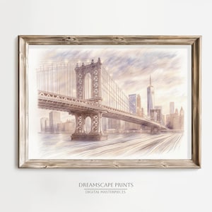 Manhattan Bridge Pencil Drawing Vibrant NYC Cityscape Urban Landscape Wall Art New York City Skyline Architecture Pencil Sketch Art Print