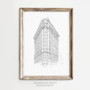 Flatiron Building Line Art Minimalist Architectural Drawing Wall Art New York Architecture Urban Wall Decor Black and White Pencil Sketch