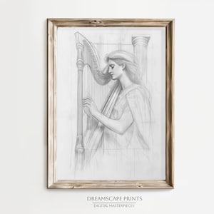 Pencil Drawing Woman with Harp Black and White Musician Sketch Classical Music Inspired Artwork Minimalist Instrumental Fine Line Wall Art