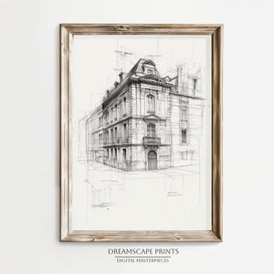 May include: A framed architectural sketch of a building with detailed lines and shading. The artwork is in a wooden frame and features the text "DREAMSCAPE PRINTS DIGITAL MASTERPIECES" at the bottom.