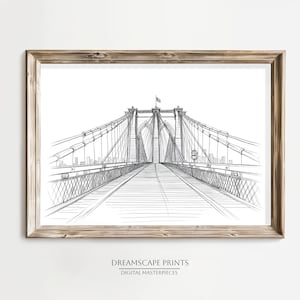 Minimalist Drawing Brooklyn Bridge Pencil Sketch Contemporary Line Art NYC Architecture Wall Decor Modern Black and White NYC Artwork