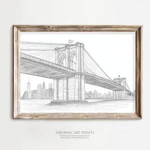 Brooklyn Bridge Pencil Sketch New York City Wall Art Line Art Drawing Urban Landscape Architecture Print Black and White NYC Home Decor