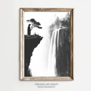 Zen Landscape Wall Art Waterfall Lone Pine Tree Minimalist Ink Painting Traditional Chinese Style Home Decor Black and White Home Decor
