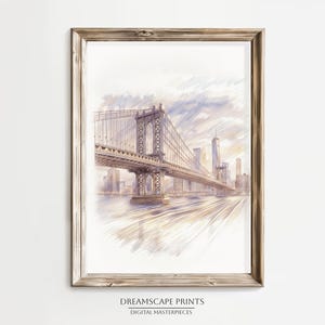New York City Manhattan Bridge Pencil Drawing Vibrant NYC Cityscape Urban Landscape Wall Art Pencil Sketch Architectural Urban Artwork