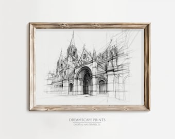 Cathedral Pencil Sketch Cathedral Wall Art Architectural Sketch Pencil Drawing Digital Download Gothic Church Print Minimalist Architecture