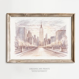 Empire State Building View Pencil Sketch NYC Cityscape Wall Decor New York City Vibrant Pencil Drawing Morning in Manhattan Illustration