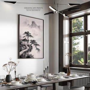 Chinese Ink Painting Zen Mountain Landscape Asian Ink Painting Misty Mountains Zen Asian Print of Asian Nature Ink Painting of Asian Tree
