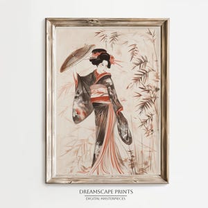 Geisha Painting of Traditional Asian Woman Art Bamboo Garden Wall Art Minimalist Japanese Culture Wall Art Geisha Art Print Asian Style