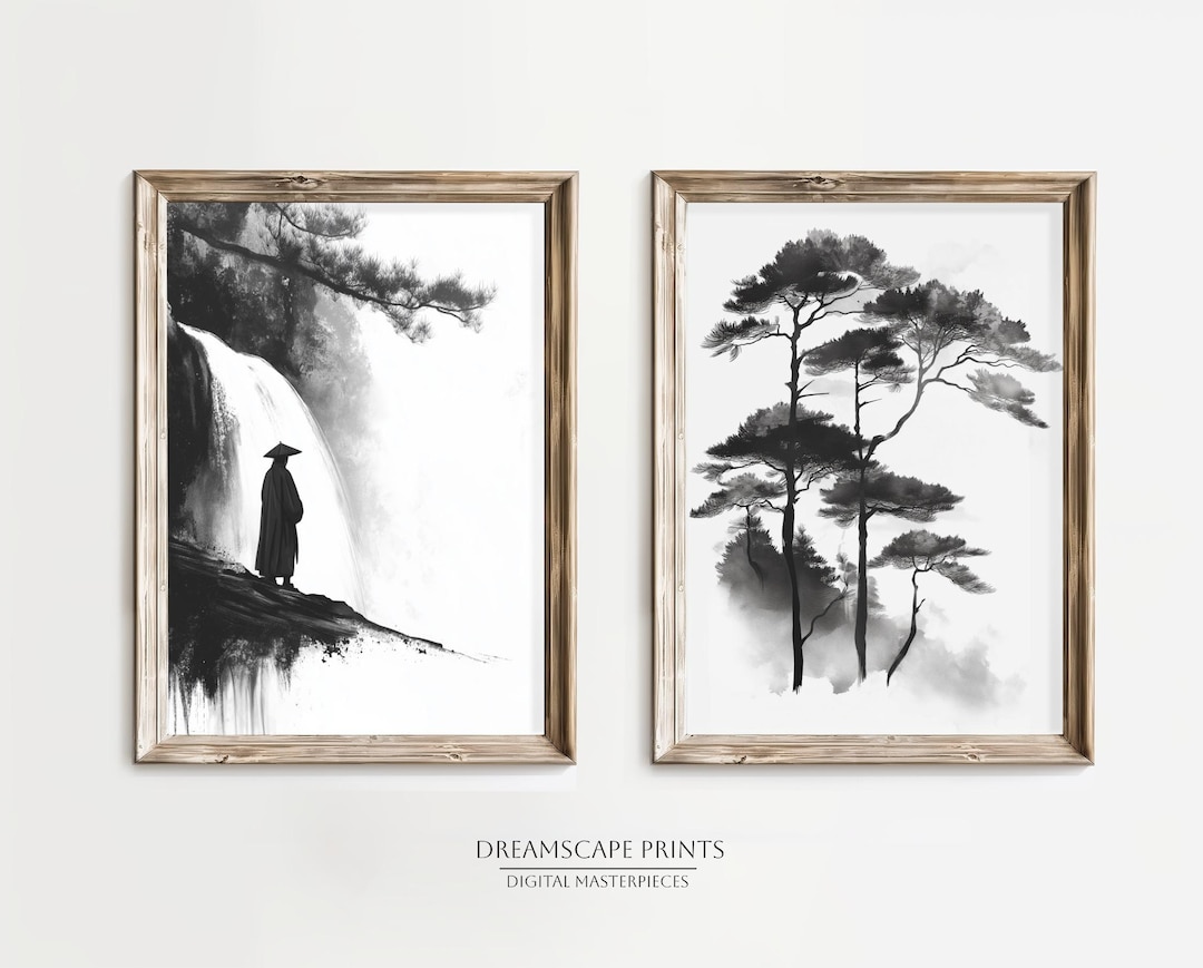 Japanese Ink Landscape Art Prints Zen Wall Art Set of 2 Black and White ...