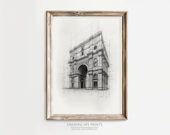 May include: A framed architectural sketch print of a building with an arched entrance. The artwork is in black and white, with fine lines and details. The frame is made of light brown wood. The text "DREAMSCAPE PRINTS DIGITAL MASTERPIECES" is at the bottom.