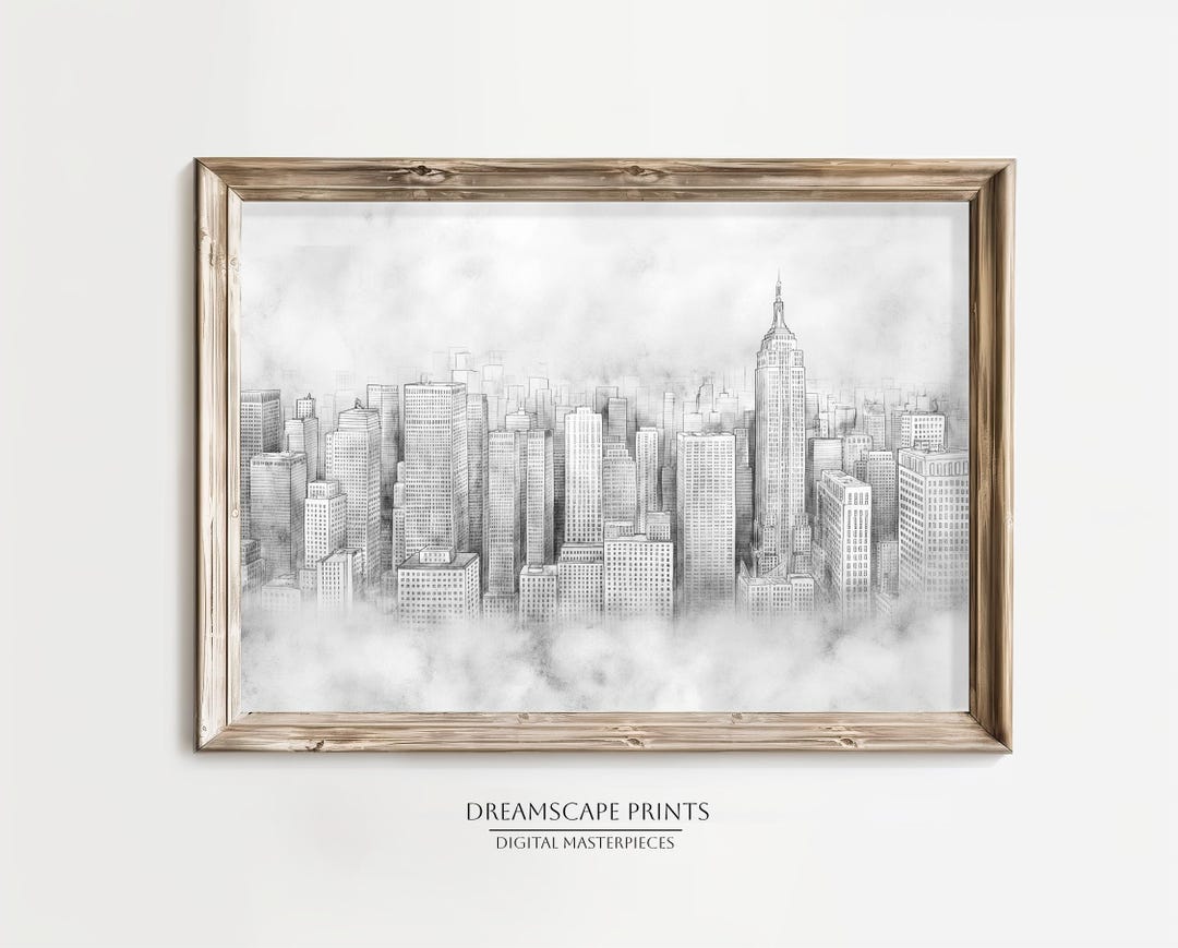 New York City Skyline Pencil Drawing Empire State Building Art Digital ...