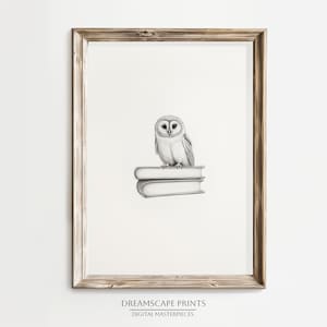 Owl and Books Pencil Sketch Black And White Drawing Minimalist Monochrome Owl Artwork Bird Art Print Animal Pencil Drawing Illustration